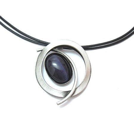 Brushed Aluminum Dark Purple Circle Necklace on Leather - Click Image to Close